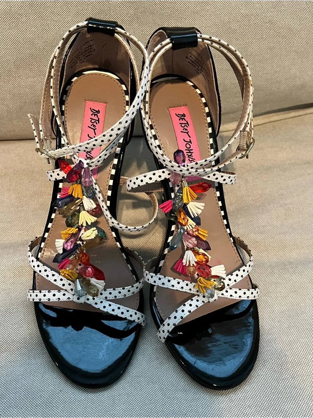 Betsey Johnson Black Patent Polka Dot Strap Jeweled High Heels